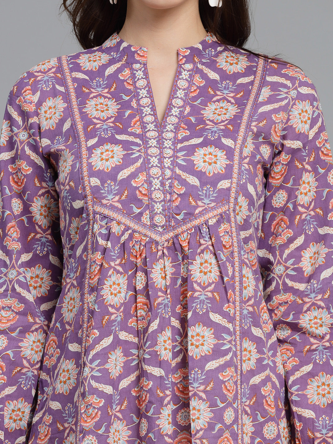 Ethnic Motifs Printed Mandarin Collar Pure Cotton Top