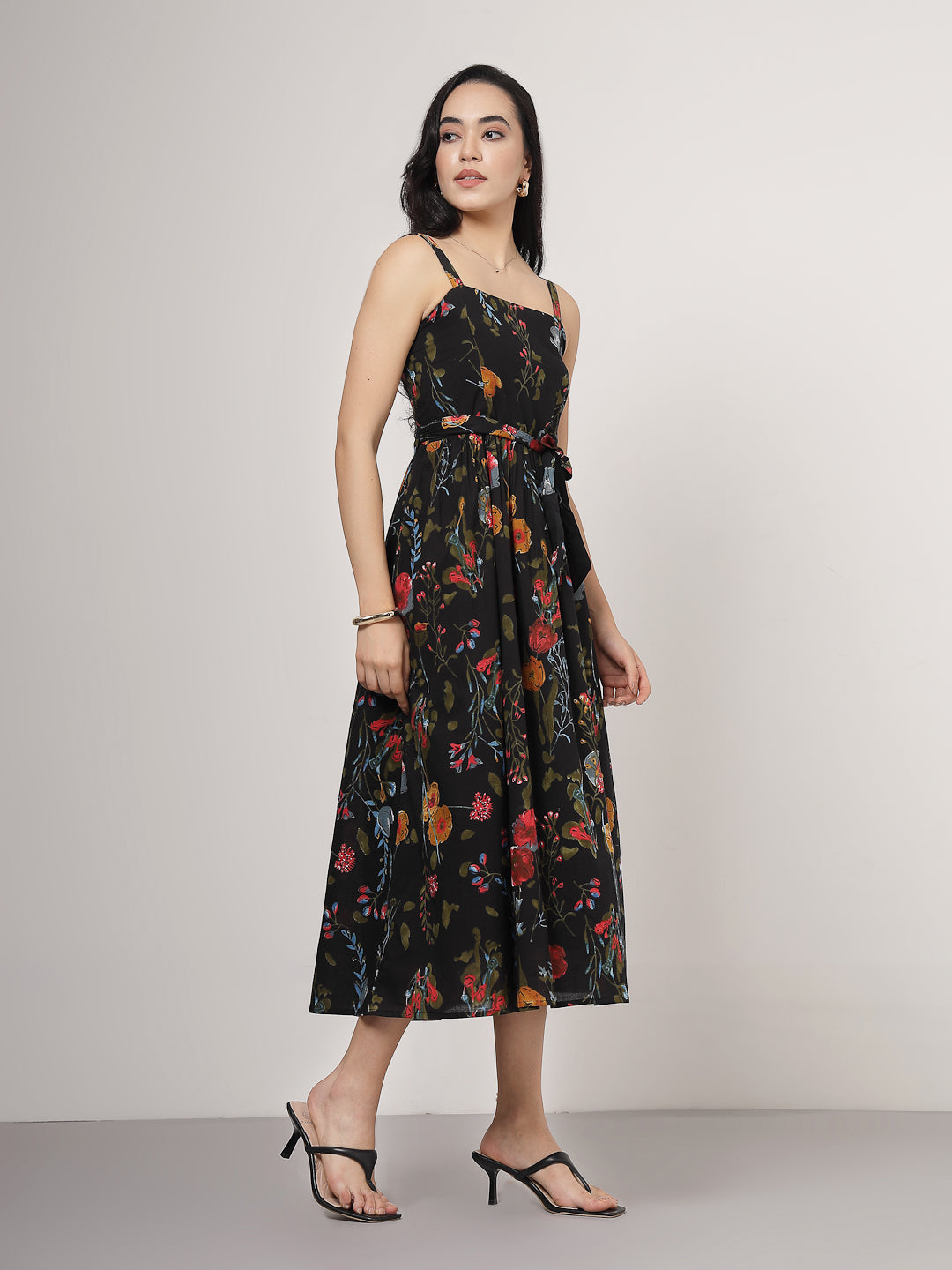 Black Multi-Floral Midi Cotton Dress
