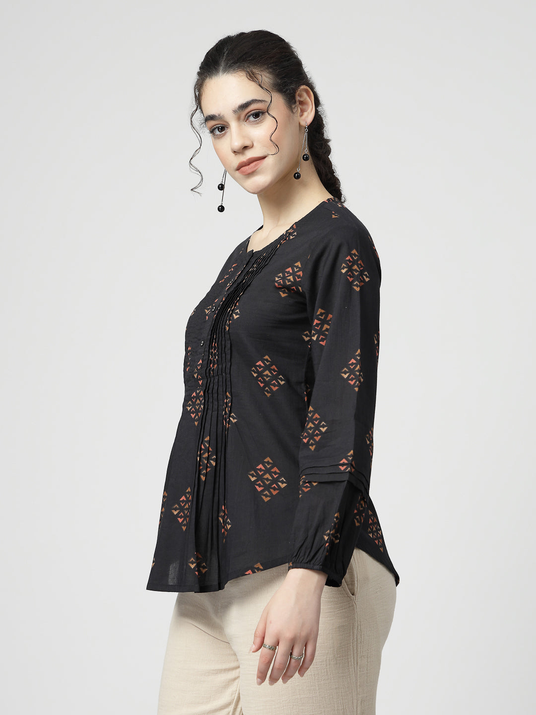 Print Cotton Pintucks Top