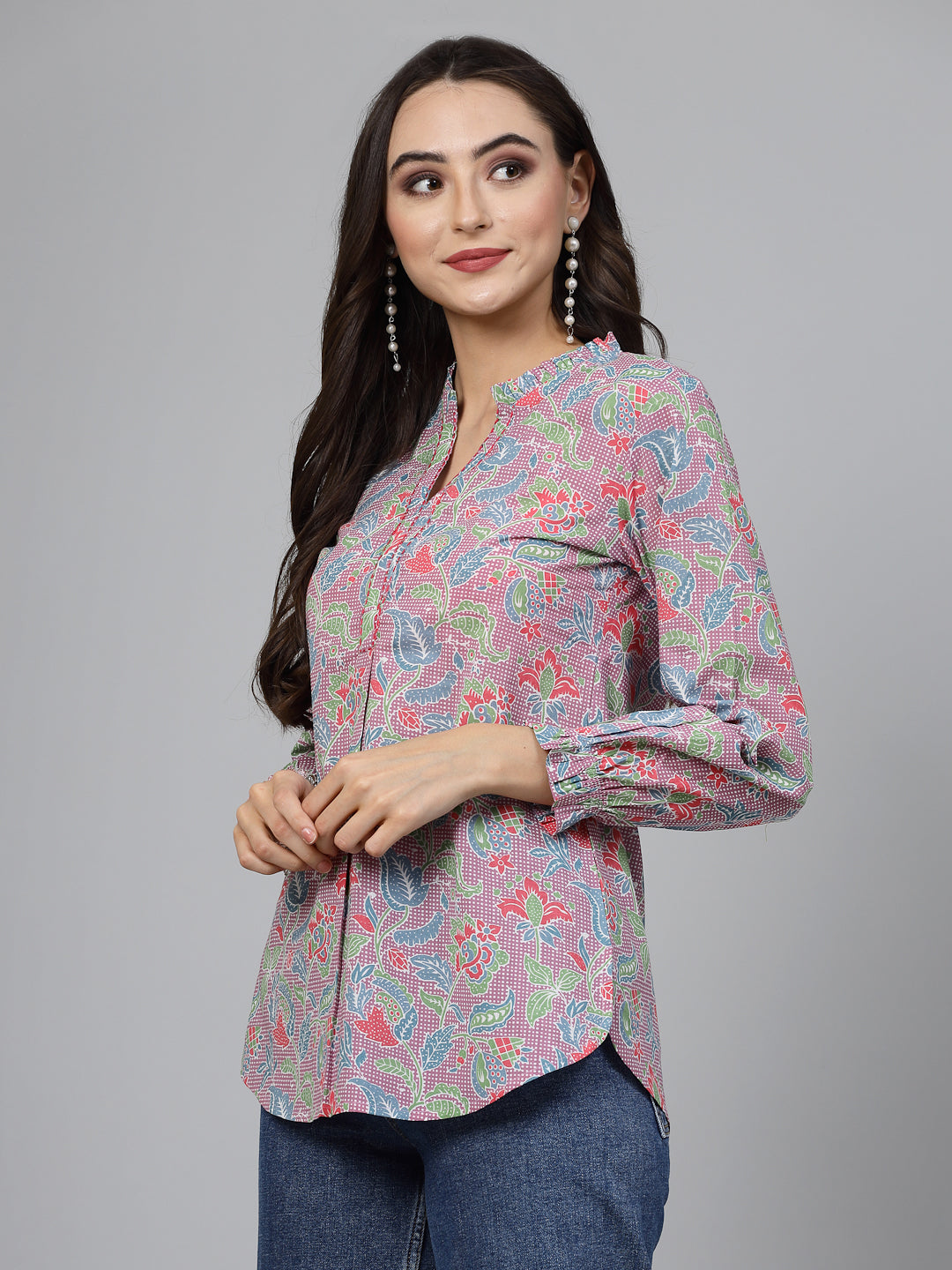 Mauve floral printed shirt style top
