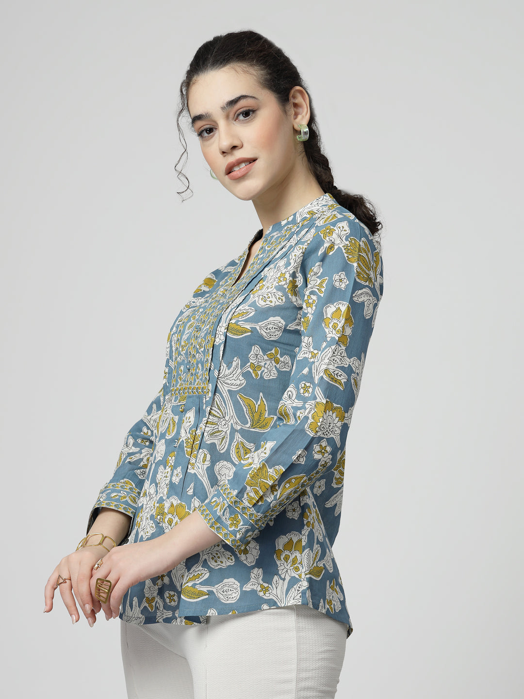 Floral Print Cotton Pintucks Top