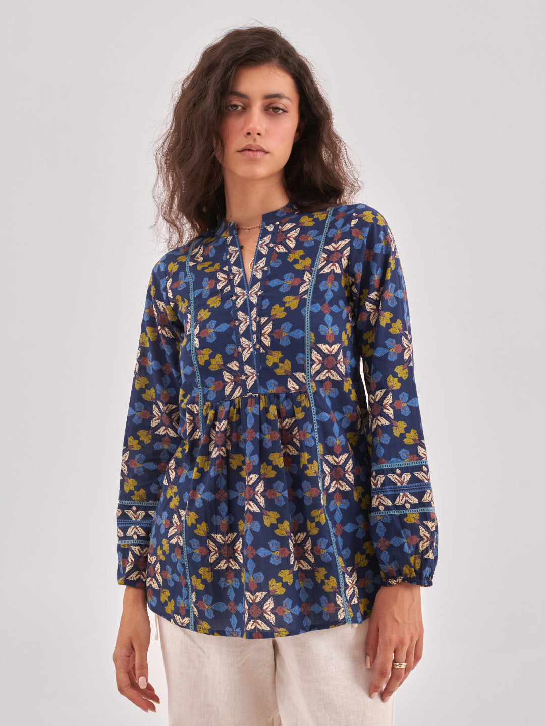 Navy Blue Floral Print Lace Insert cotton Top