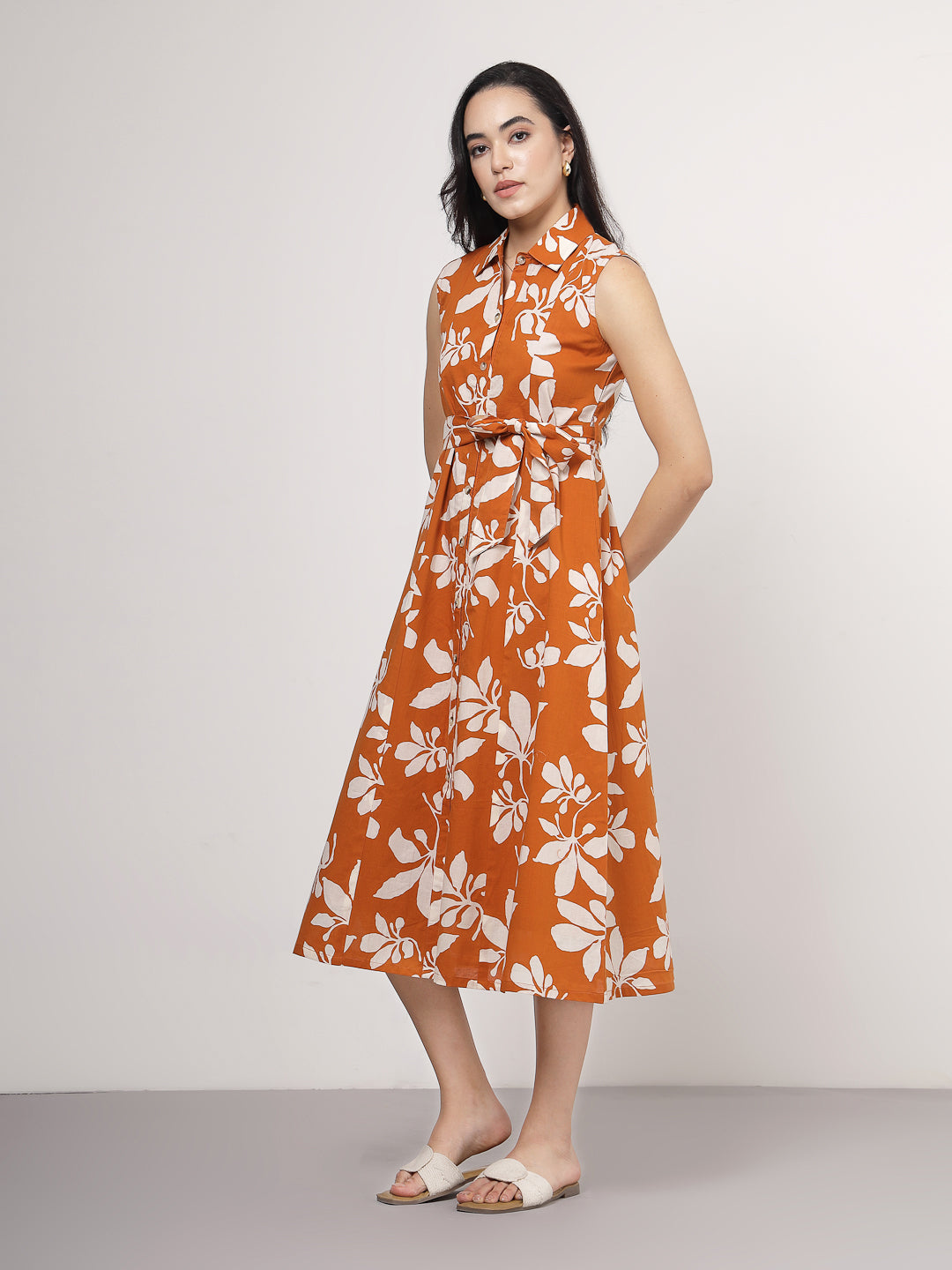 Orange Tropical Floral Midi Dress