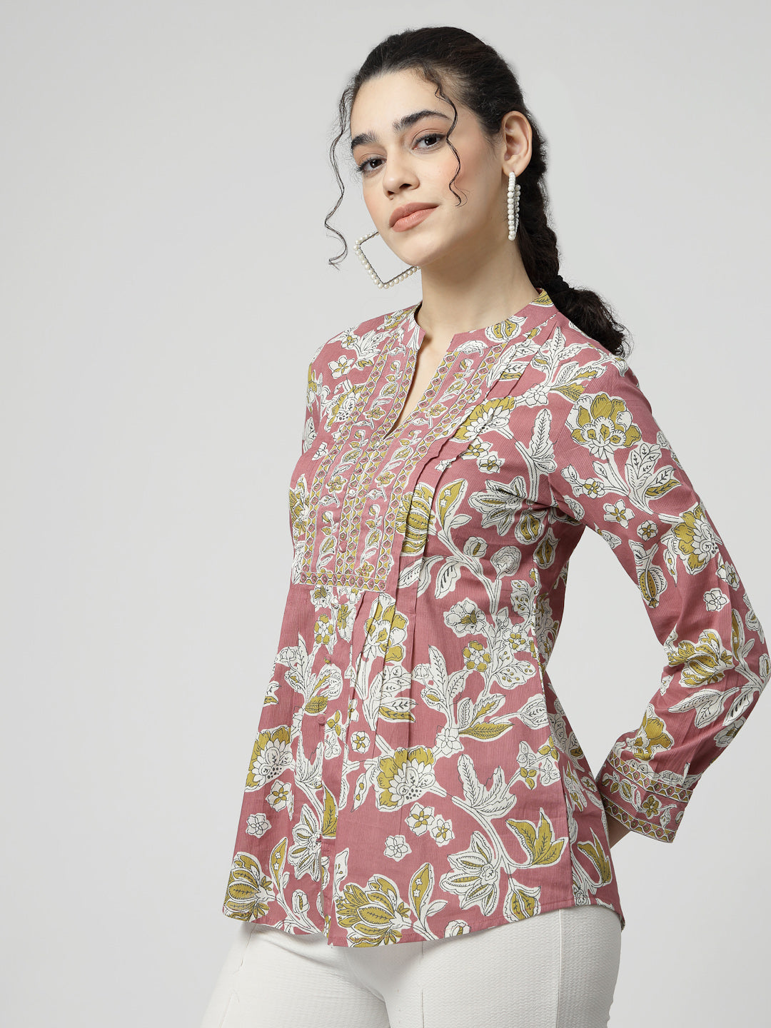 Floral Print Cotton Pintucks Top