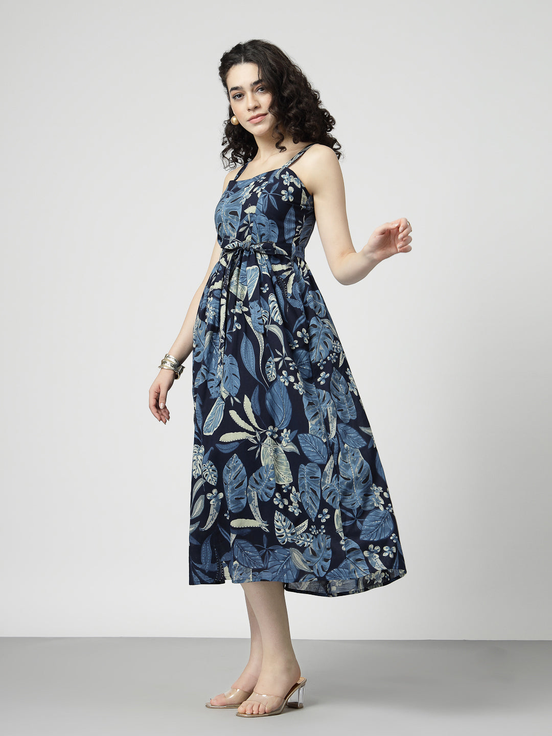 Tropical Print Cotton Fit and Flare Dress