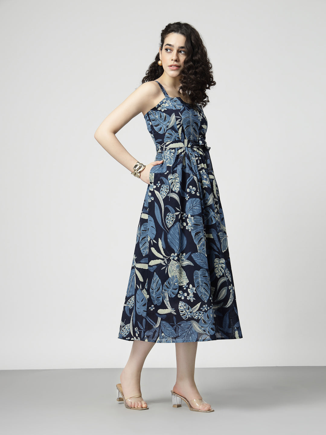 Tropical Print Cotton Fit and Flare Dress