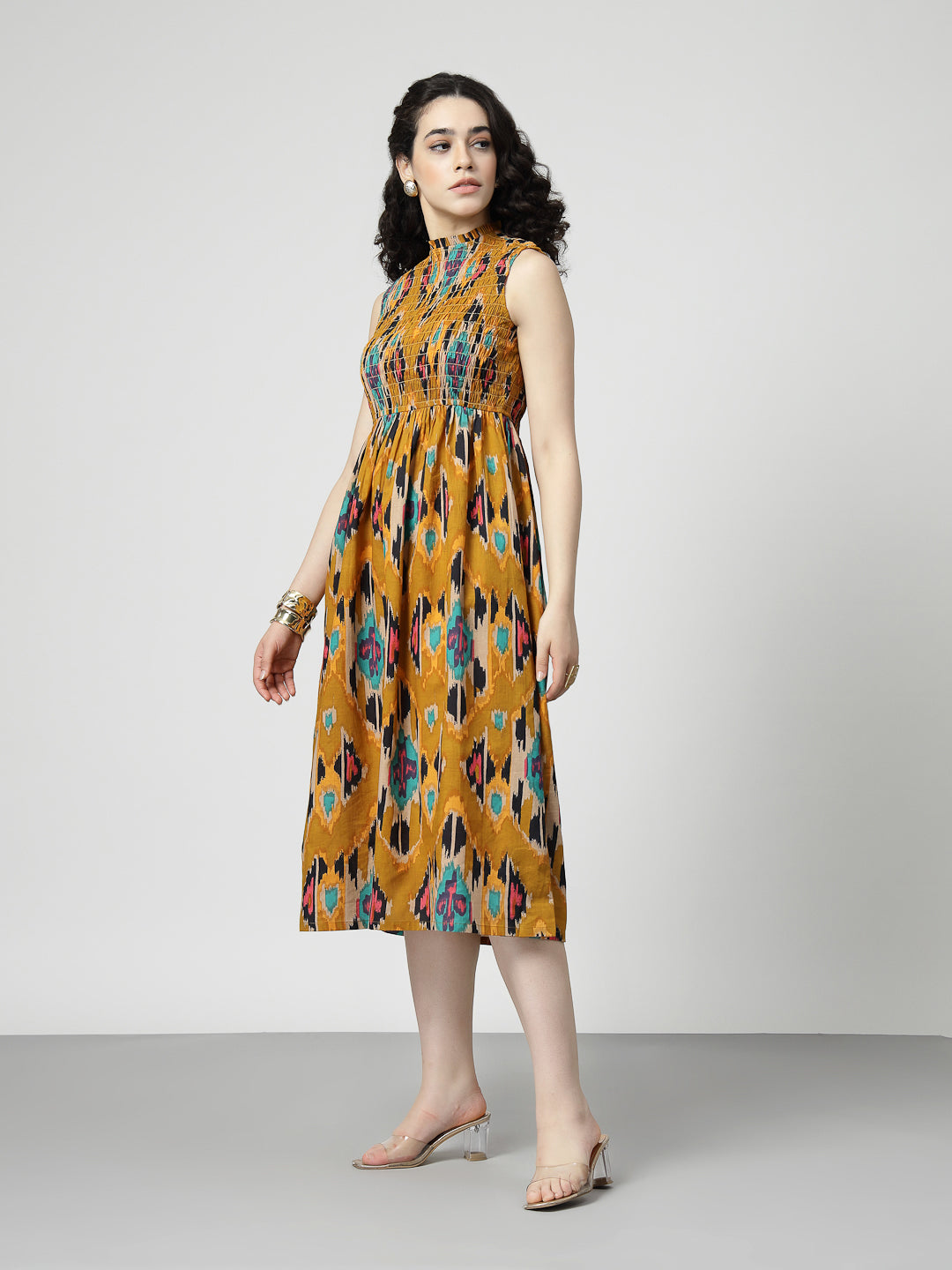 Ikat Print smocking midi dress