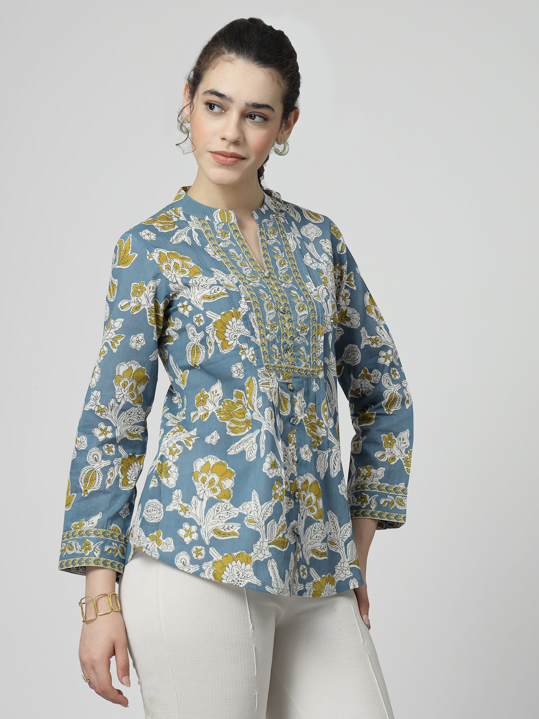 Floral Print Cotton Pintucks Top