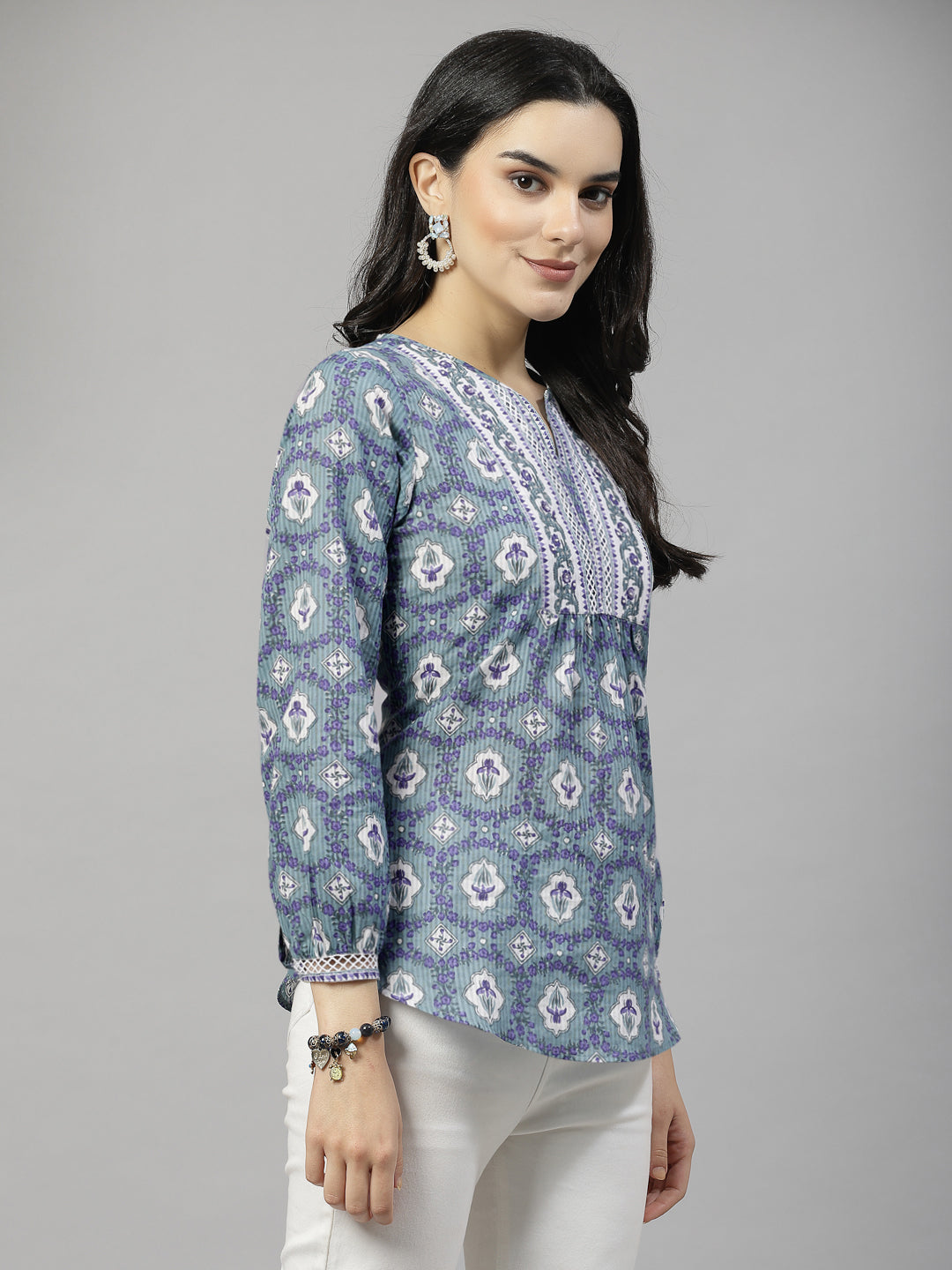 Pastel Green floral printed Top with lace inserts