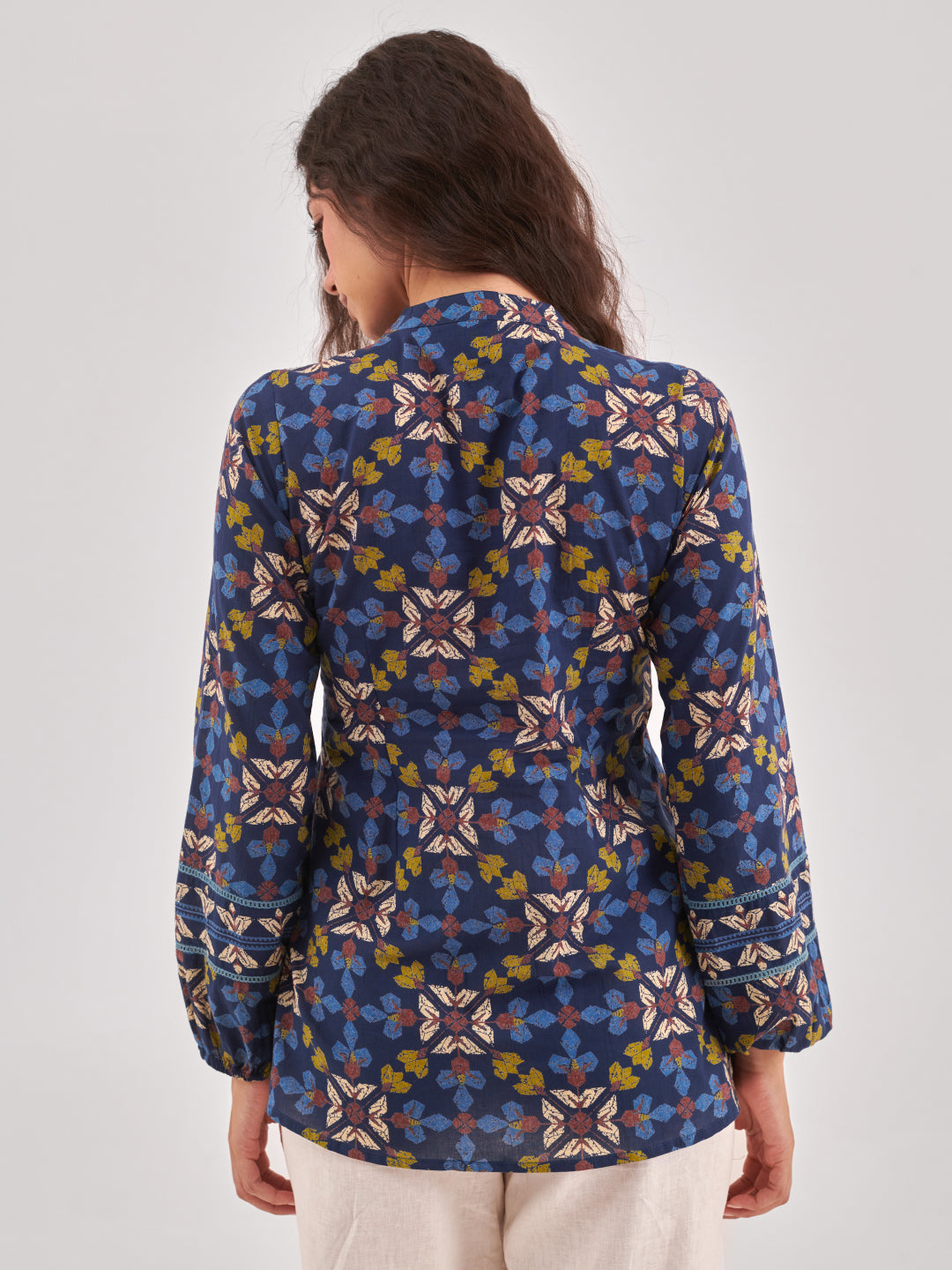 Navy Blue Floral Print Lace Insert cotton Top