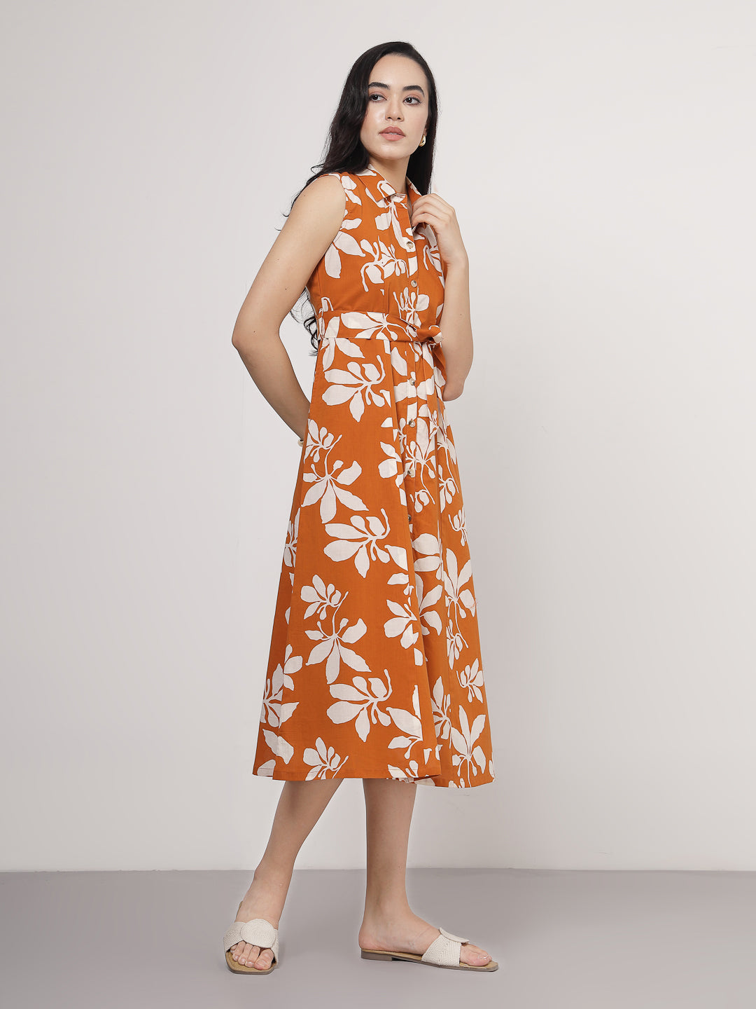 Orange Tropical Floral Midi Dress
