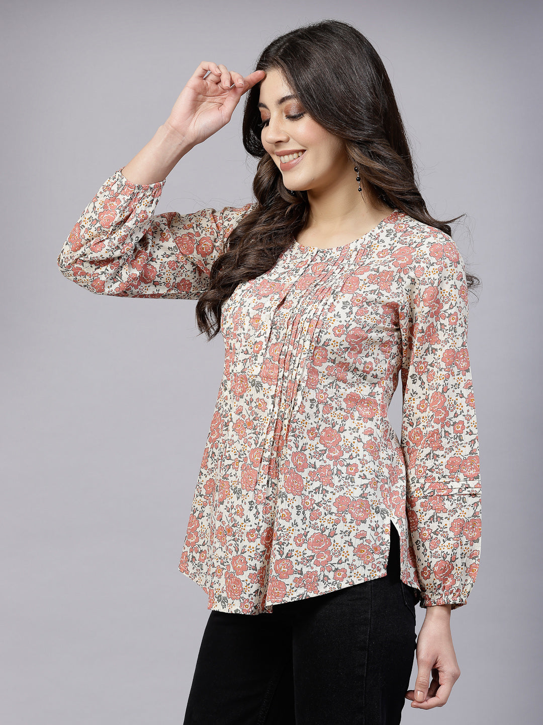 Peach Ditsy Floral Print Top