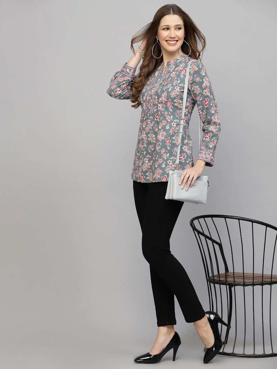 Grey Floral Printed Shirt Style Top