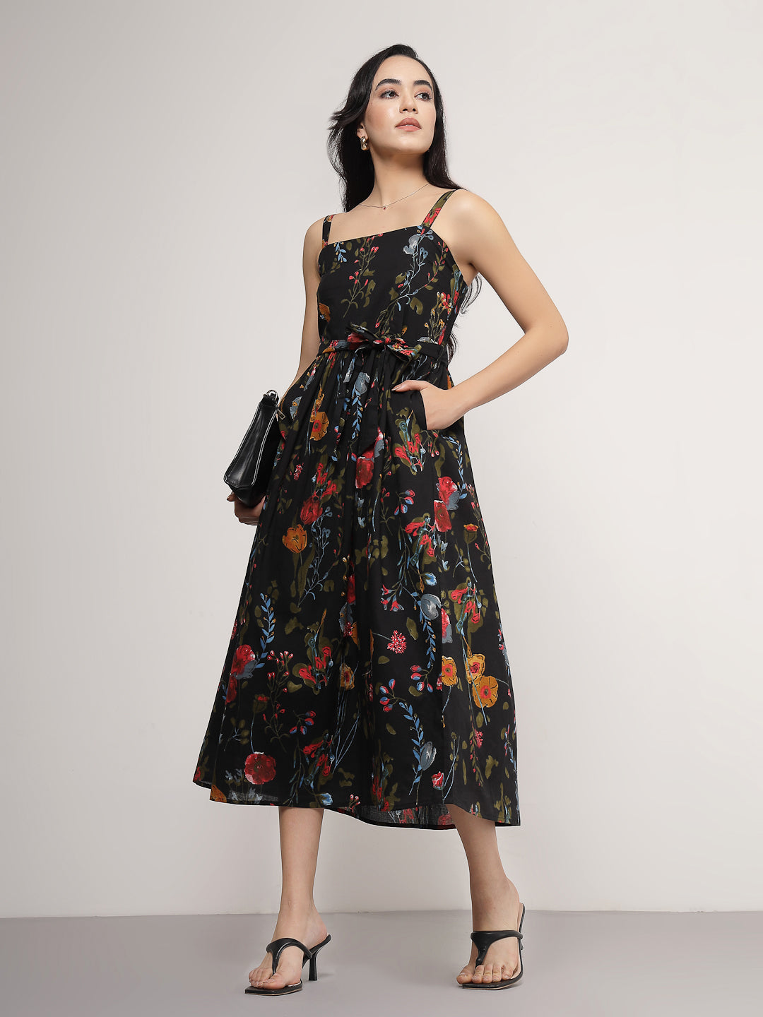 Black Multi-Floral Midi Cotton Dress