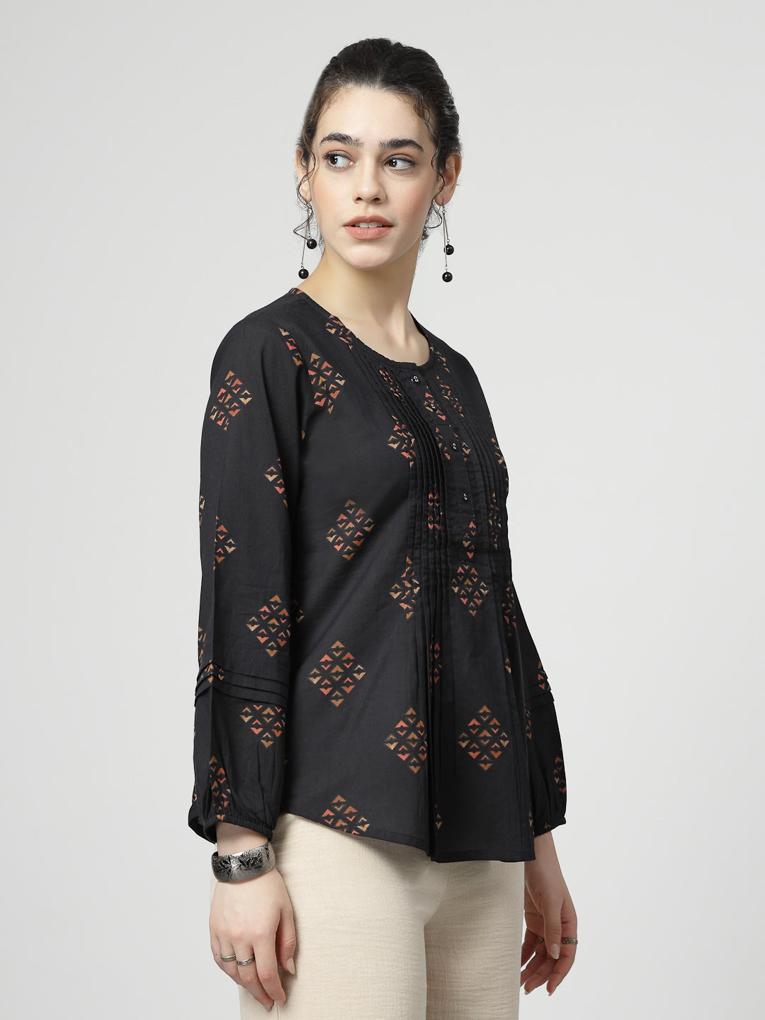 Print Cotton Pintucks Top