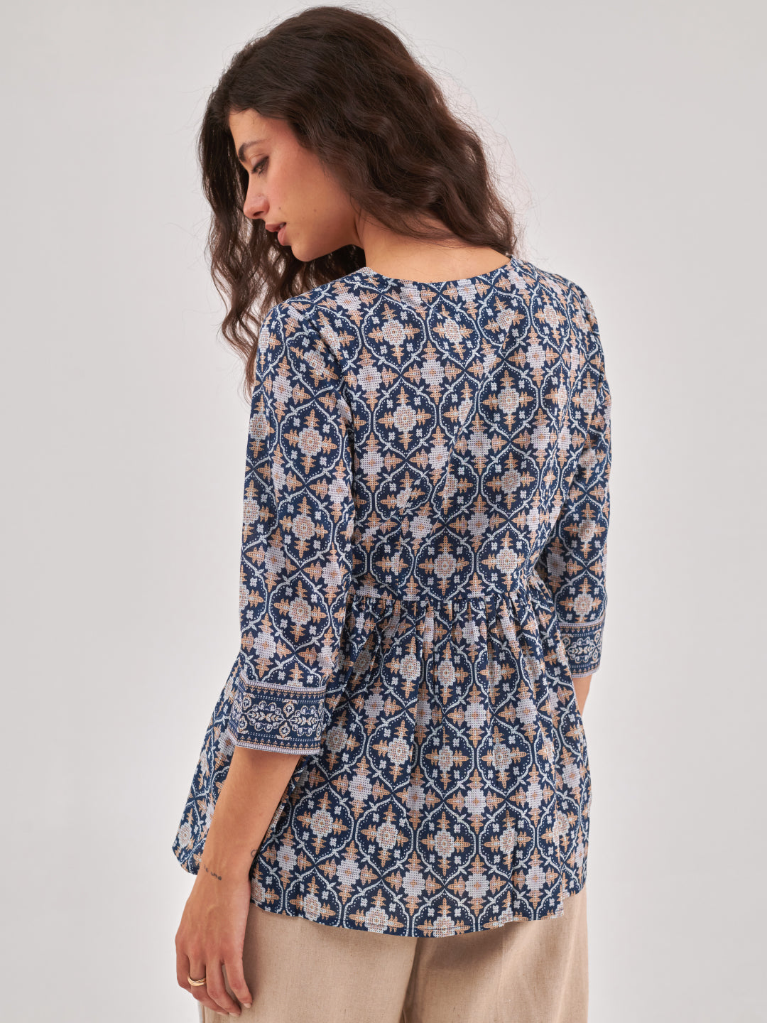 Navy Blue Printed top with gathers and tie up detail