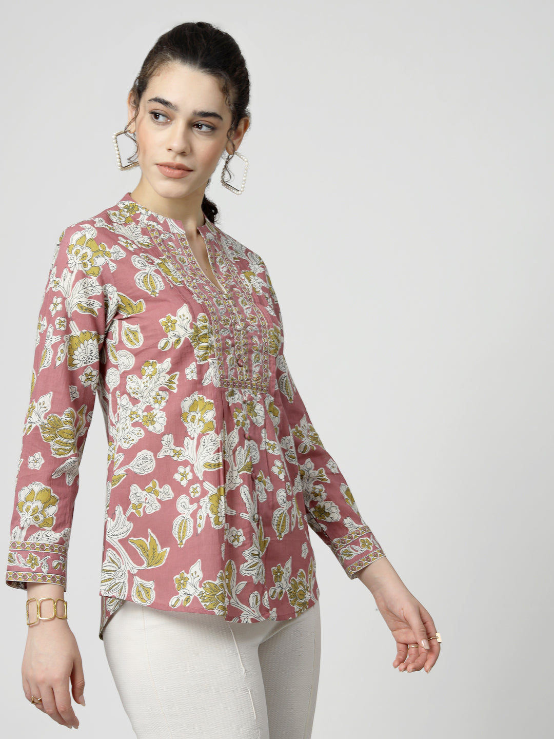 Floral Print Cotton Pintucks Top
