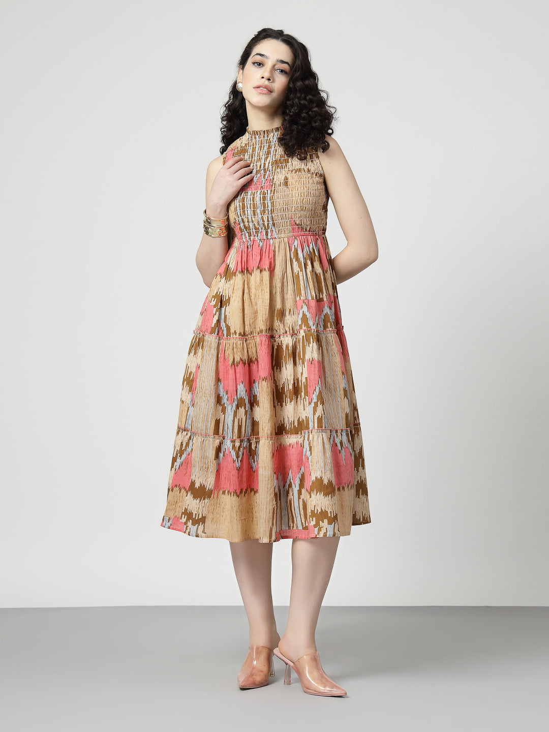 Ikat Print smocking midi dress