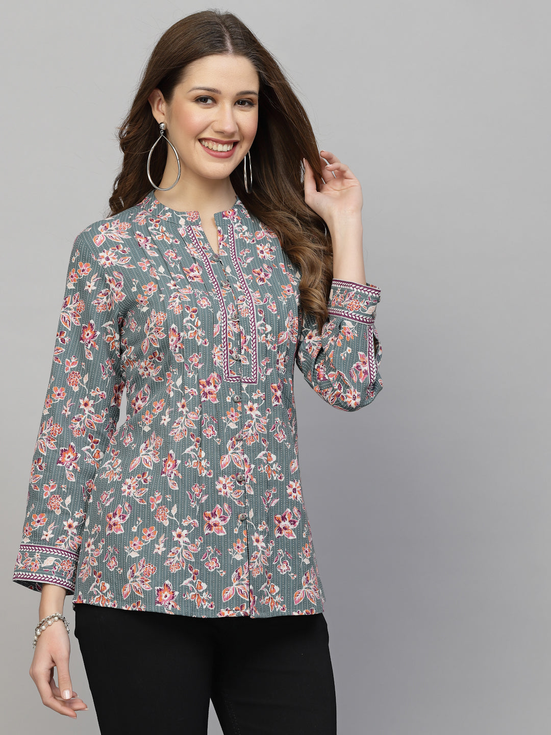 Grey Floral Printed Shirt Style Top