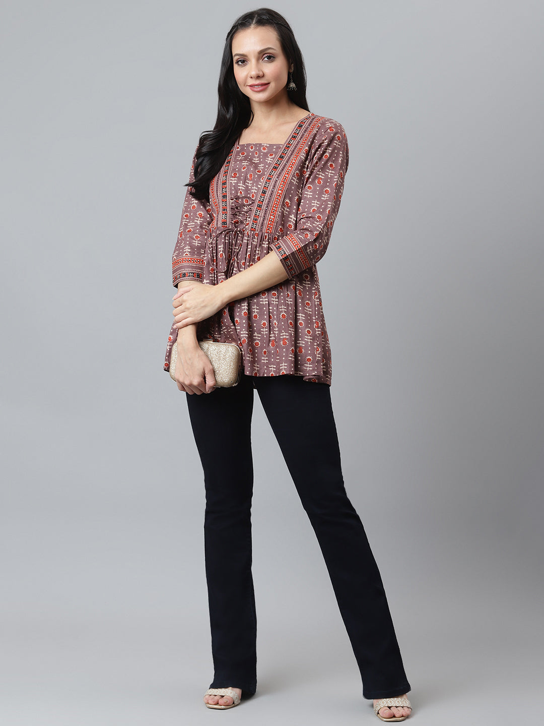 Rust Printed top with gathers and tie up detail