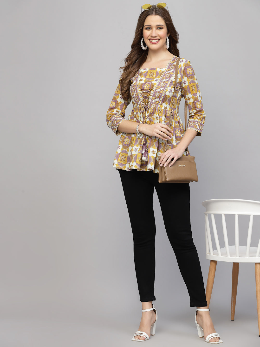 Mustard Floral Print Tie up Top