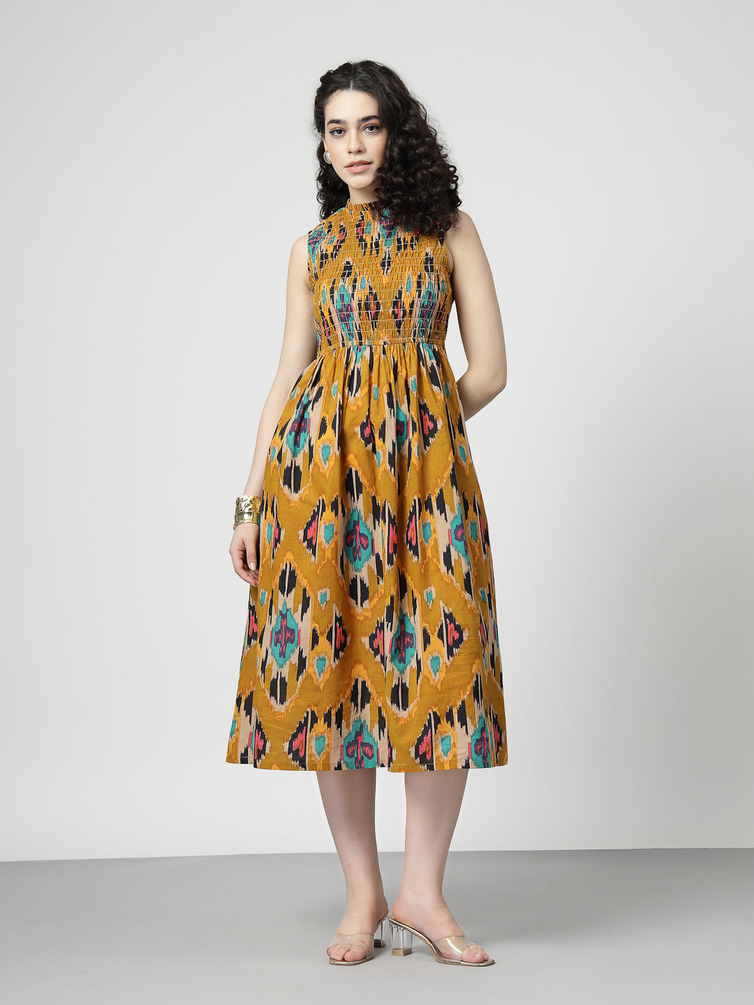 Ikat Print smocking midi dress