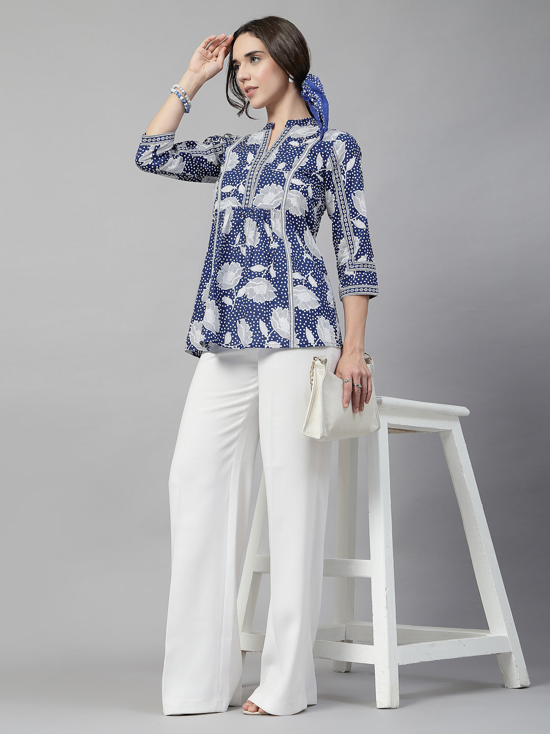 Blue Floral Print Cotton Top
