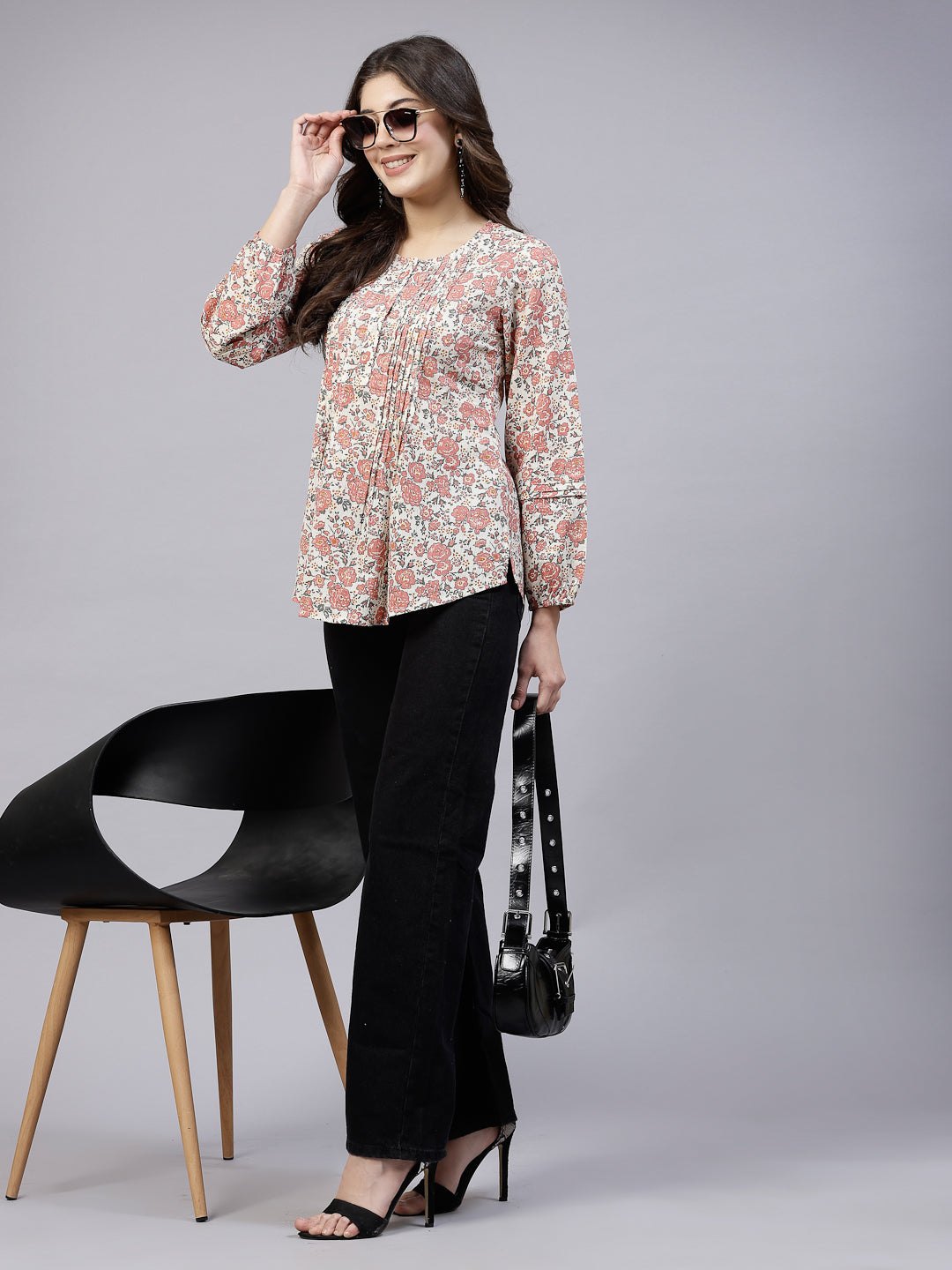 Peach Ditsy Floral Print Top