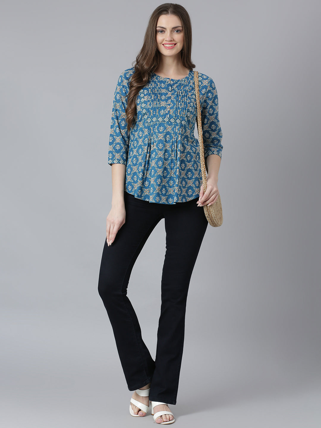 Teal Printed Pintucks Detail Top
