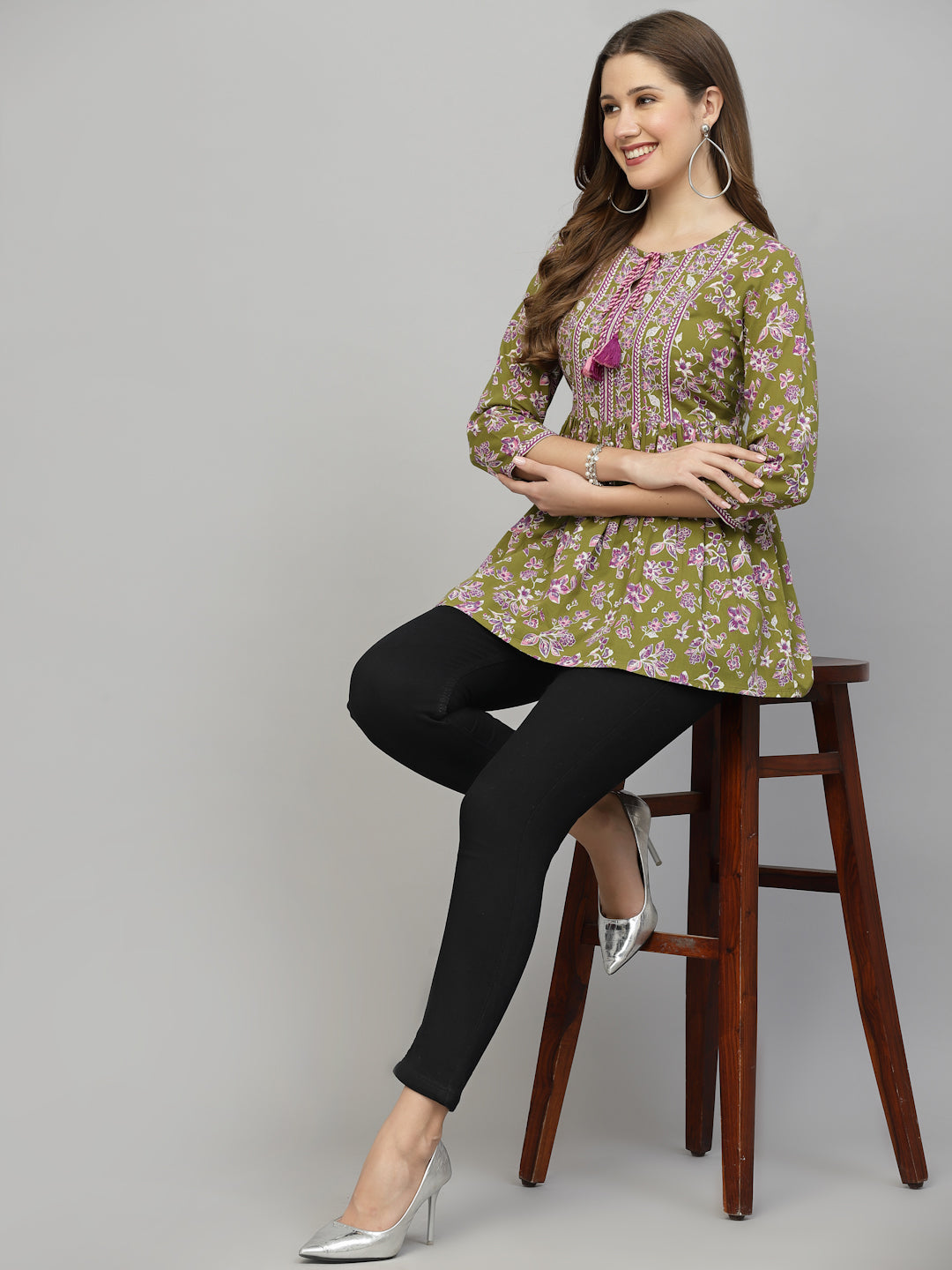 Olive green Floral Printed Top