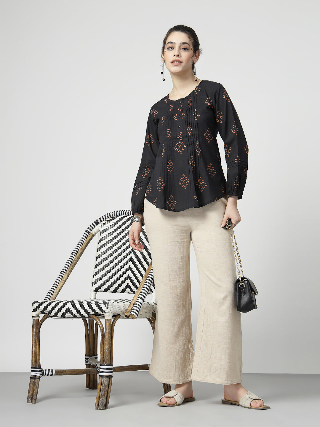 Print Cotton Pintucks Top