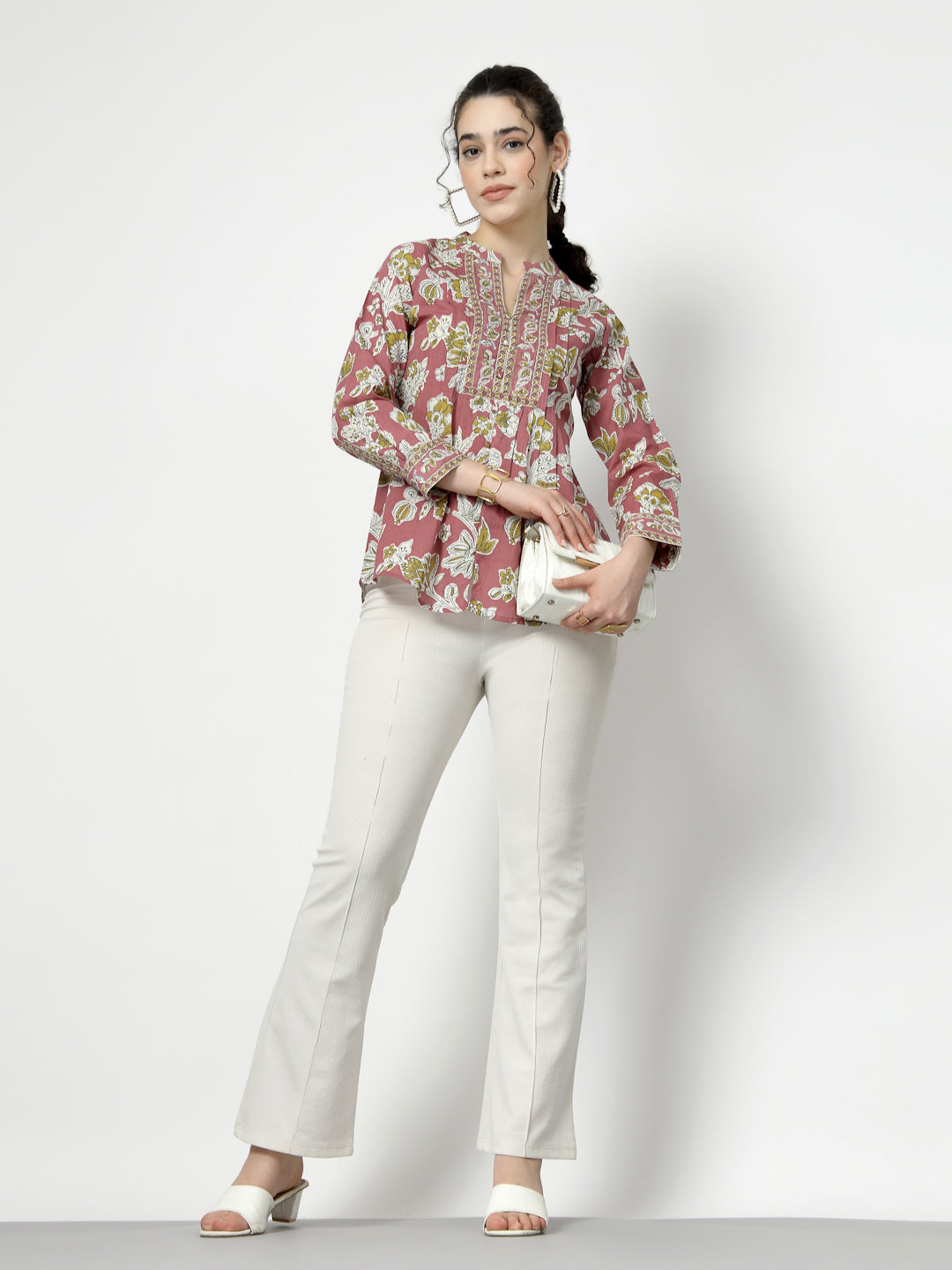 Floral Print Cotton Pintucks Top