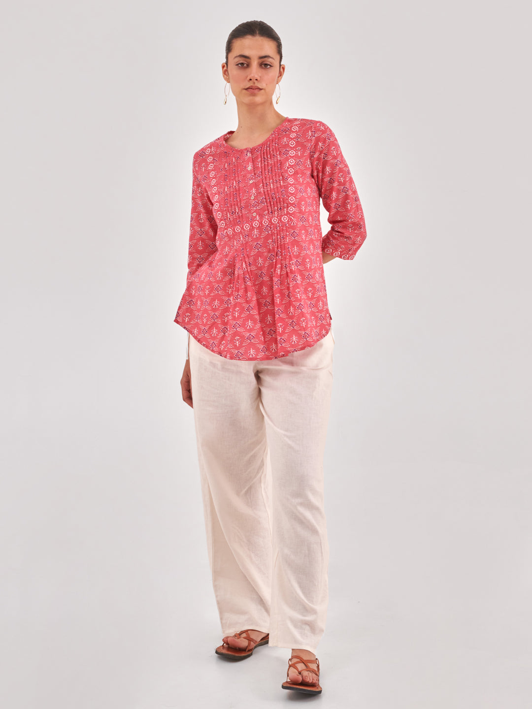 Pink Printed Pintucks Detail Top