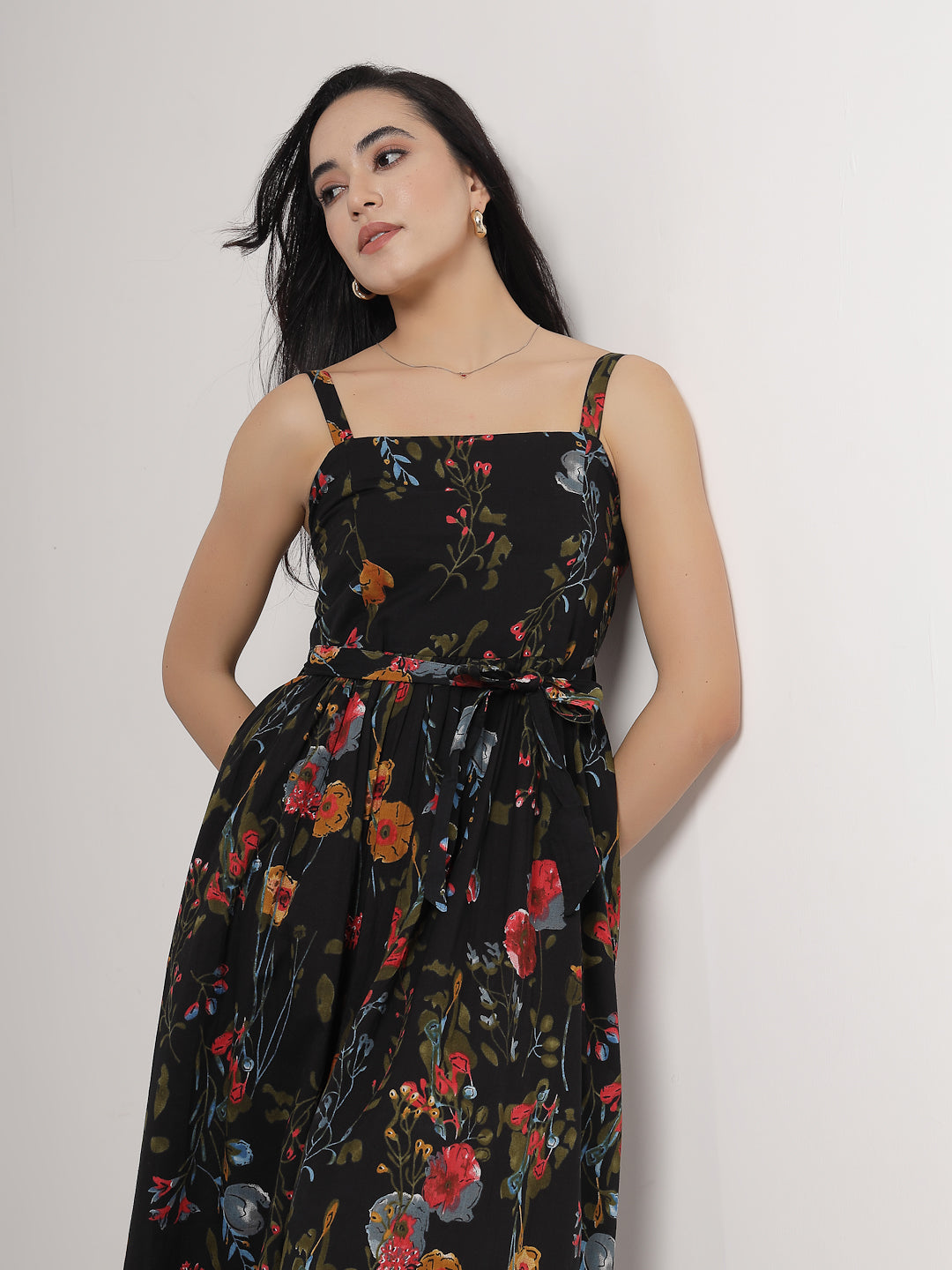 Black Multi-Floral Midi Cotton Dress