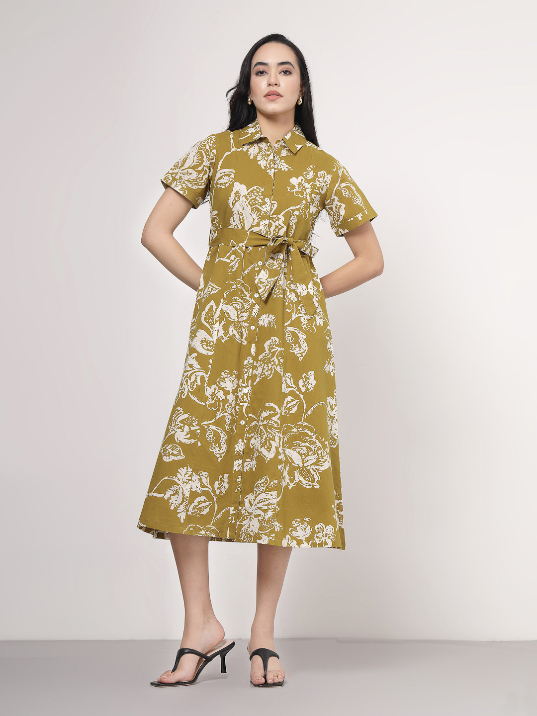 Olive Botanical Print midi Dress