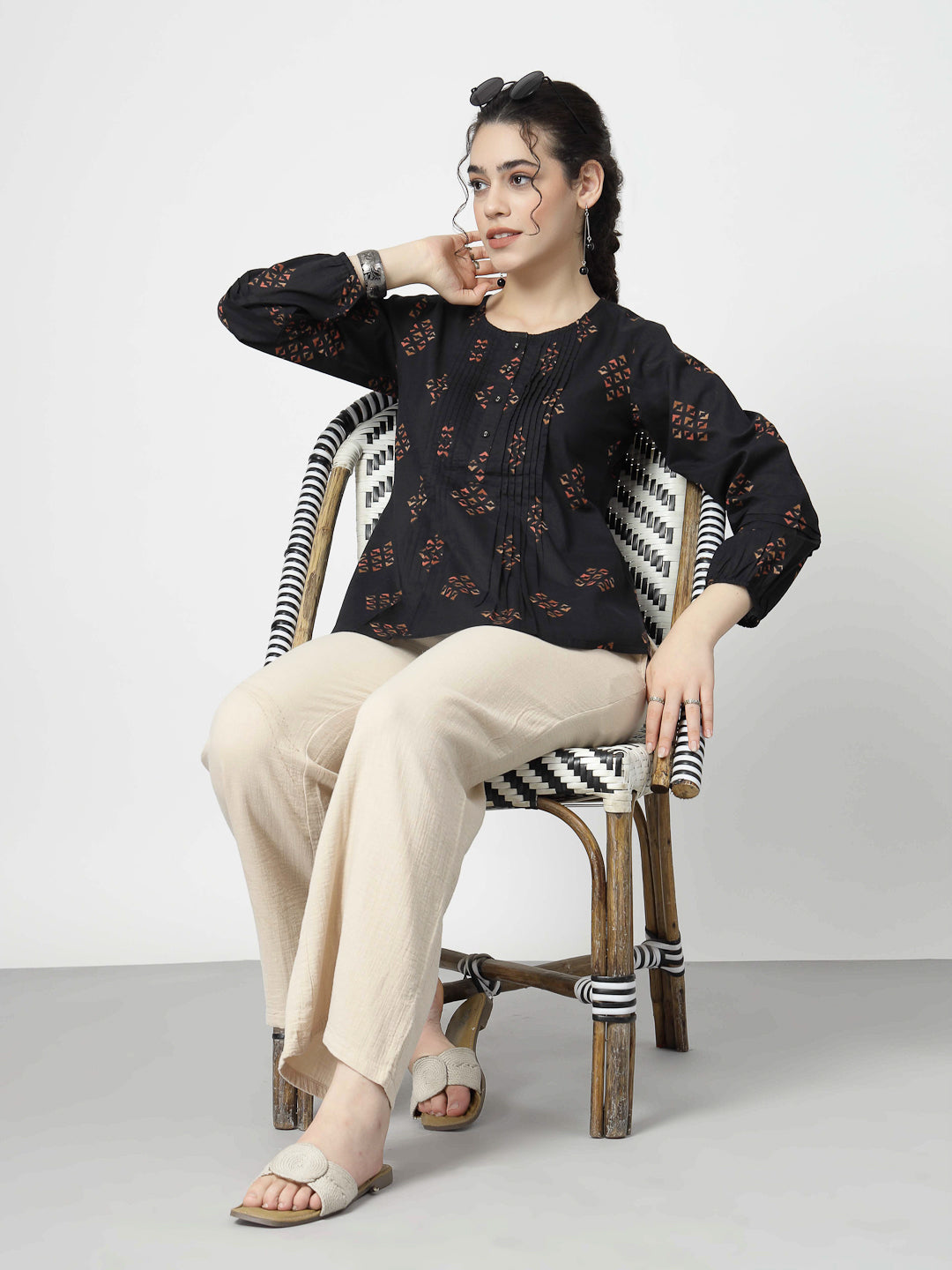 Print Cotton Pintucks Top