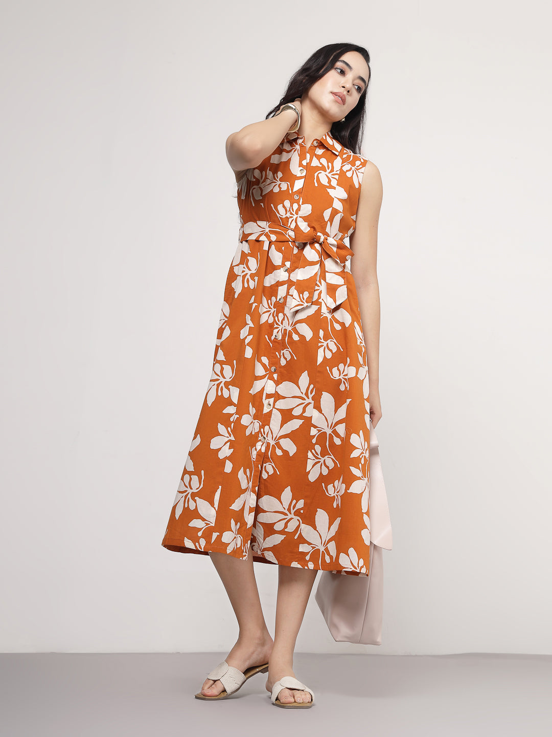 Orange Tropical Floral Midi Dress