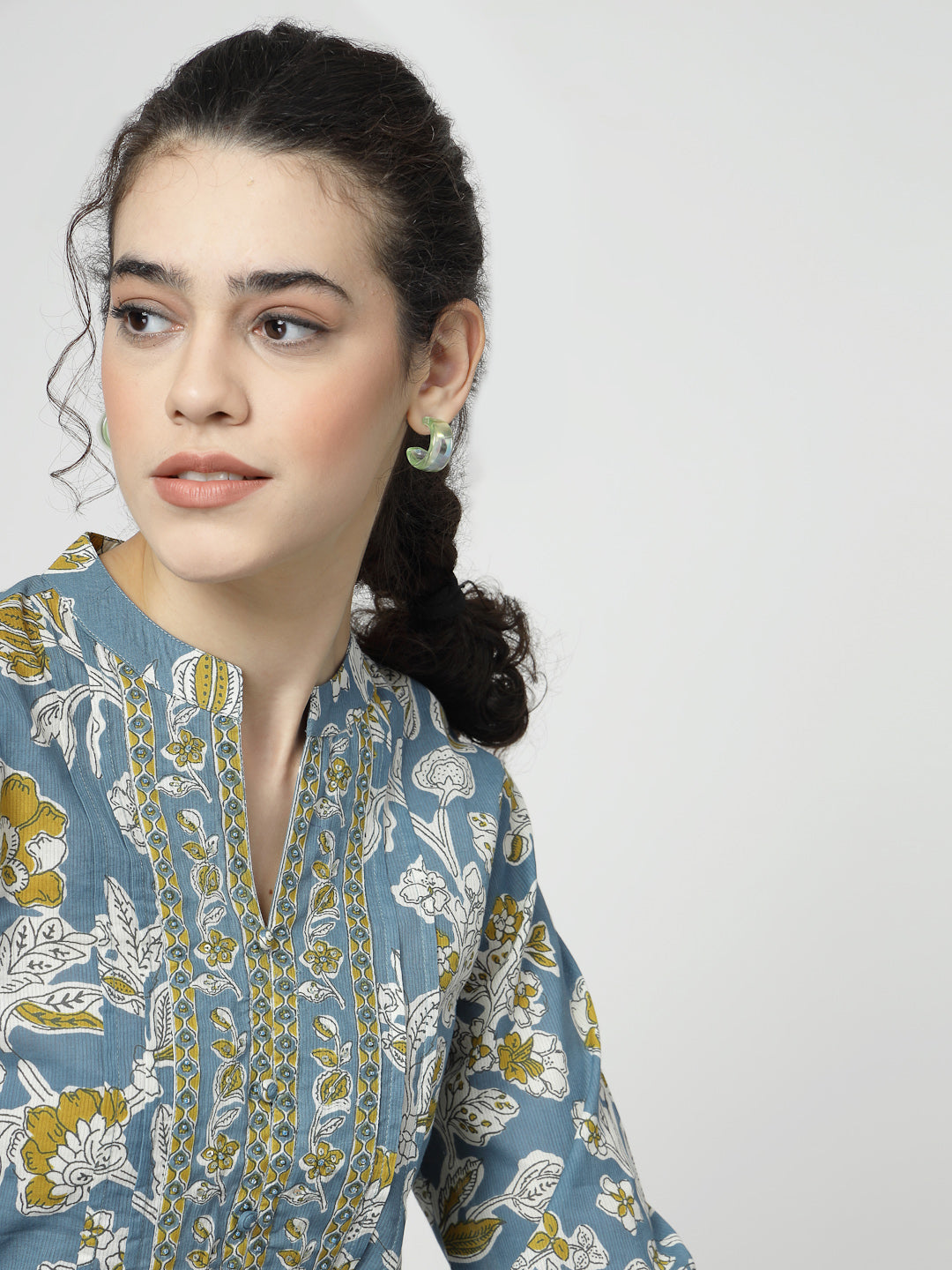 Floral Print Cotton Pintucks Top