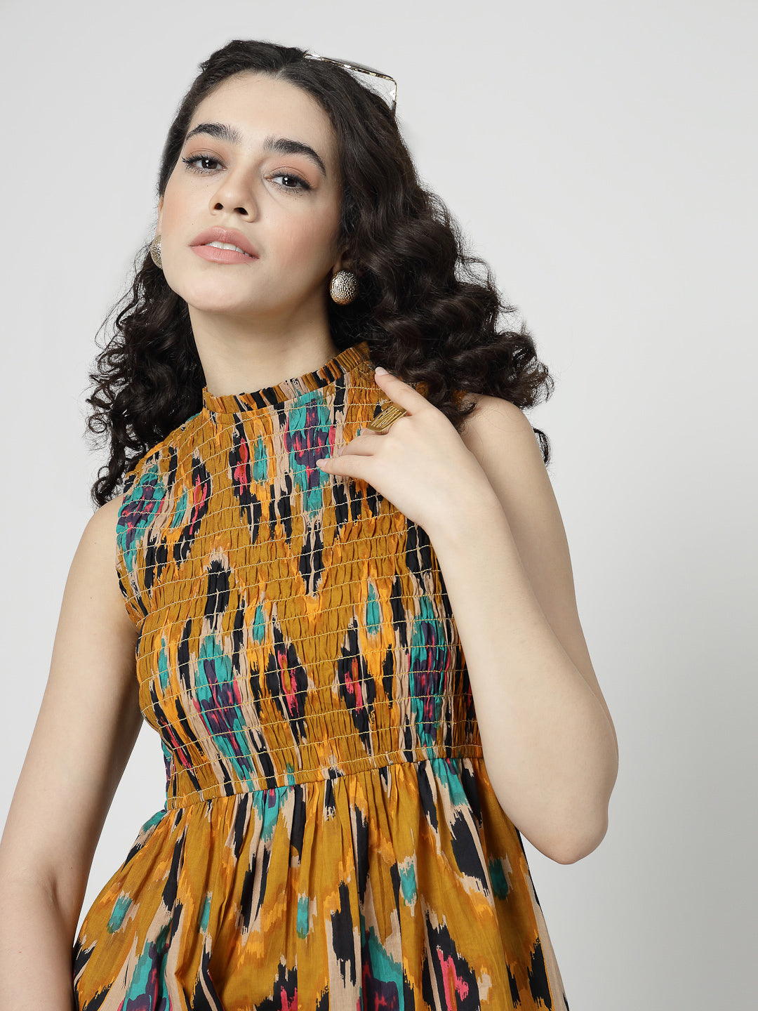 Ikat Print smocking midi dress