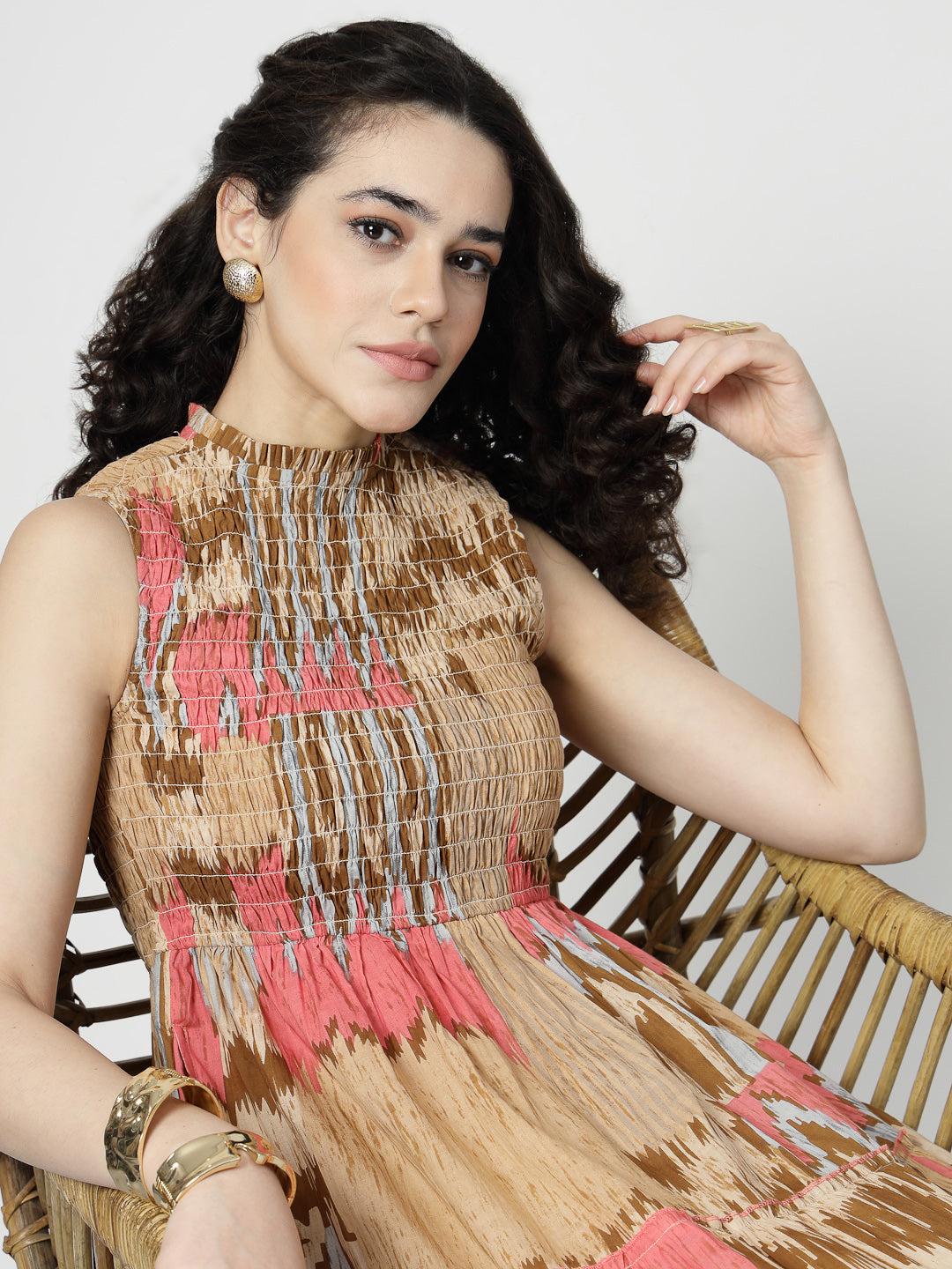 Ikat Print smocking midi dress